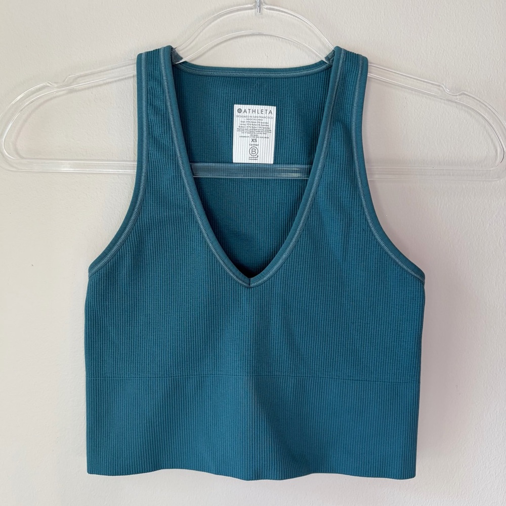 Athleta Teal Ribbed Cropped V-Neck Seamless Tank Top Athleisure Yoga Workout